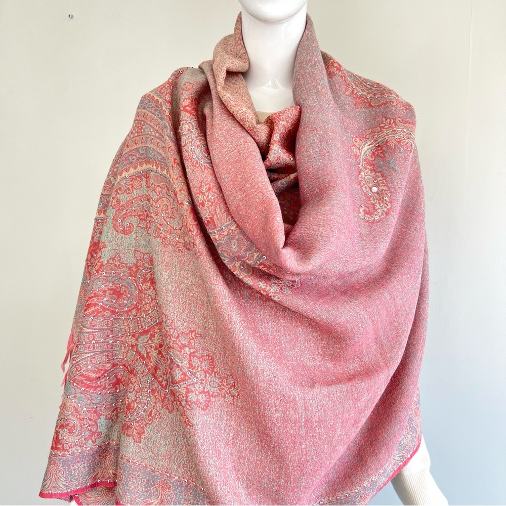 100% Pashmina Handmade Pink Turquoise Paisley Crystal Bead Long Wrap Shawl Scarf - Picture 3 of 13